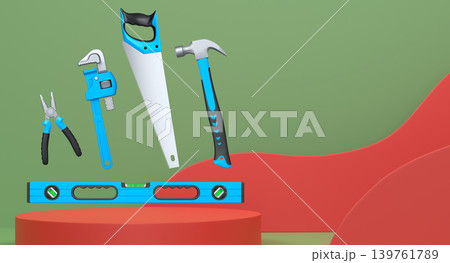 Colorful saw, hammer, and wrench floating in mid-air above white pedestal or podium, concept of construction and repair Colorful saw, hammer, and wrench floating in mid-air above white pedestal or podium, concept of construction and repair 139761789