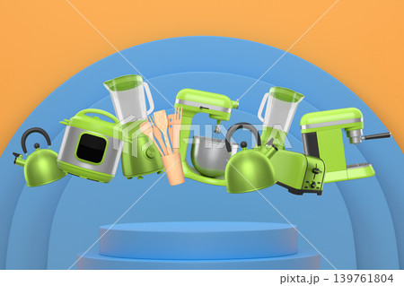 Set of kitchen appliances including mixer, toaster, blender, and coffee maker on white colorful podium and background Set of kitchen appliances including mixer, toaster, blender, and coffee maker on white colorful podium and background 139761804