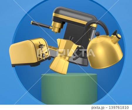 Assorted kitchen appliances including toaster, kettle and coffee maker over podium on abstract background Assorted kitchen appliances including toaster, kettle and coffee maker over podium on abstract background 139761810