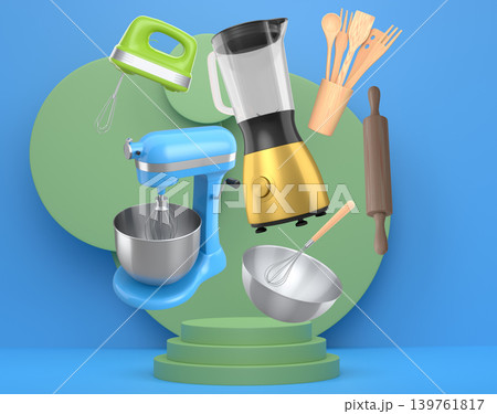 Set of kitchen appliances and utensils floating on podium with abstract background, symbolizing cooking tools 139761817