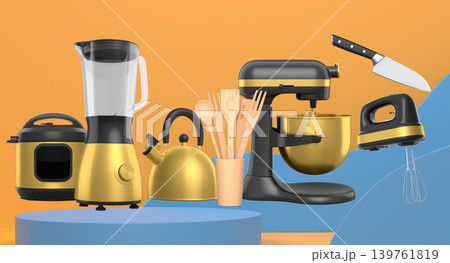 Set of kitchen appliances and utensils floating in mid-air over podium and abstract background, modern cooking concepts Set of kitchen appliances and utensils floating in mid-air over podium and abstract background, modern cooking concepts 139761819