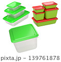 Stacked plastic food storage containers with black lids, isolated on white background, concept of organized storage 139761878