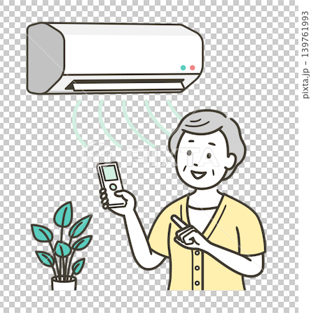 An illustration of the upper body of an elderly woman using an air conditioner to regulate the indoor temperature in the summer. An illustration of the upper body of an elderly woman using an air conditioner to regulate the indoor temperature in the summer. 139761993
