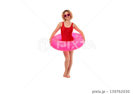 Girl stands wearing red swimsuit and pink float, PNG Girl stands wearing red swimsuit and pink float, PNG 139762030