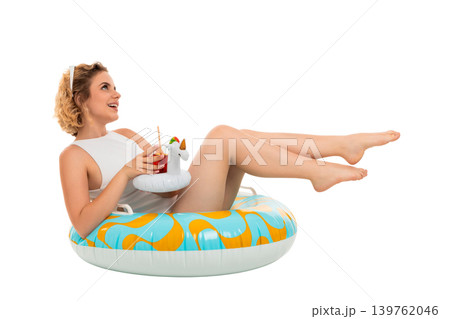 Girl on a float with a drink enjoys the summer day, PNG Girl on a float with a drink enjoys the summer day, PNG 139762046