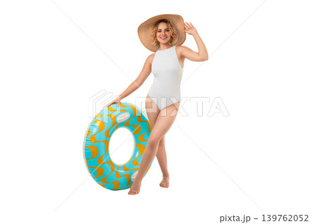 Woman stands with a float, wearing a swimsuit and hat, PNG Woman stands with a float, wearing a swimsuit and hat, PNG 139762052