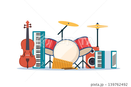 Musical instruments composition. Guitar, synthesizer, violin, cello, drum, cymbals, saxophone, accordion, tambourine, grand piano. Vector illustration. Musical instruments composition. Guitar, synthesizer, violin, cello, drum, cymbals, saxophone, accordion, tambourine, grand piano. Vector illustration. 139762492