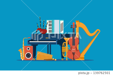Musical instruments composition. Guitar, synthesizer, violin, cello, drum, cymbals, saxophone, accordion, tambourine, grand piano. Vector illustration. Musical instruments composition. Guitar, synthesizer, violin, cello, drum, cymbals, saxophone, accordion, tambourine, grand piano. Vector illustration. 139762501