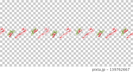 Simple Christmas seamless border with candy canes and red holly berries plant. Watercolor thin repeat banner with green leaves and snowballs for winter holidays designs Simple Christmas seamless border with candy canes and red holly berries plant. Watercolor thin repeat banner with green leaves and snowballs for winter holidays designs 139762667