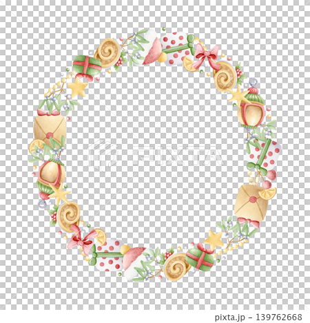 Christmas holiday symbols hand drawn round wreath frame isolated on white. Watercolor gift boxes, mistletoe, lanterns, desserts and hats in pastel green red colors sticker template with copy space 139762668