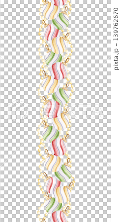 Vertical Christmas baubles seamless border on white. Festive holiday lights garlands repeat banner. Hand drawn watercolor striped hanging toys in pastel yellow, red and green. New Year balls ornaments 139762670