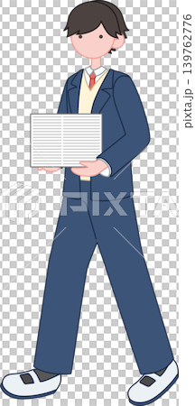 A male student in winter clothes carrying printouts. 139762776