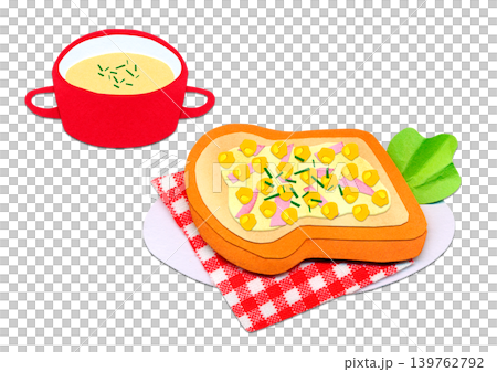 一幅拼貼畫,描繪了玉米蛋黃醬吐司和玉米濃湯。溫暖的早餐食材。 一幅拼貼畫,描繪了玉米蛋黃醬吐司和玉米濃湯。溫暖的早餐食材。 139762792