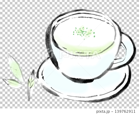 Ink painting illustration, hand-drawn, hot matcha latte Ink painting illustration, hand-drawn, hot matcha latte 139762911