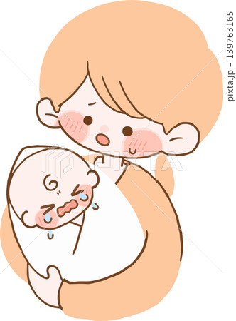 泣いている赤ちゃんと困っているお母さん 泣いている赤ちゃんと困っているお母さん 139763165