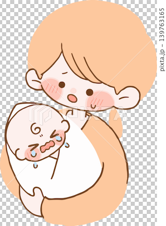泣いている赤ちゃんと困っているお母さん 泣いている赤ちゃんと困っているお母さん 139763165