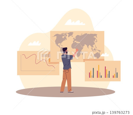 Analysis and monitoring process. Web based dashboard viewing, schedule tracking, man reviews world map, international market research, strategic planning, vector cartoon isolated concept Analysis and monitoring process. Web based dashboard viewing, schedule tracking, man reviews world map, international market research, strategic planning, vector cartoon isolated concept 139763273