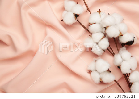 Cotton flower branch on soft beige background. Empty space background. 139763321