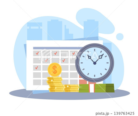 Save time and money. Cash payment terms by hour and calendar, schedule with clock, planning of financial expenses, financial planning, billing cycles, deadlines vector cartoon isolated concept Save time and money. Cash payment terms by hour and calendar, schedule with clock, planning of financial expenses, financial planning, billing cycles, deadlines vector cartoon isolated concept 139763425