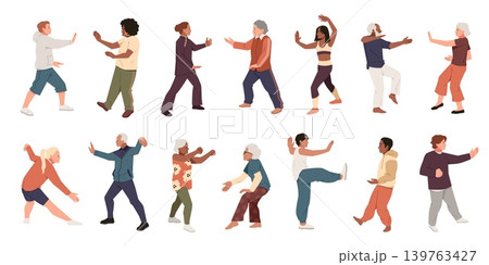 Tai chi yang style poses people. Chinese health improving gymnastics, good shape body, slow movements, balanced poses, young and old men, senior women, tidy vector cartoon isolated set Tai chi yang style poses people. Chinese health improving gymnastics, good shape body, slow movements, balanced poses, young and old men, senior women, tidy vector cartoon isolated set 139763427