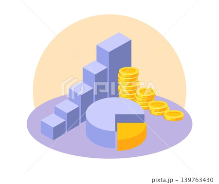 Long term investment strategy. Income revenue growth, business charts and graphs elements, gradual increase in profits, budgeting planning, golden coins vector cartoon isolated concept Long term investment strategy. Income revenue growth, business charts and graphs elements, gradual increase in profits, budgeting planning, golden coins vector cartoon isolated concept 139763430