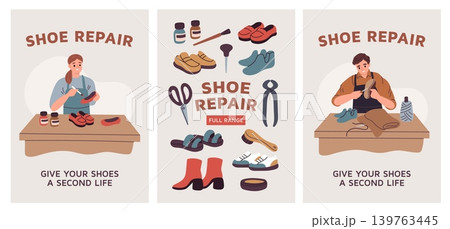 Shoe repair and tailoring shop. Footwear care, creation service, professional craftsmen, handmade work, cobbler equipment, cards or posters design for workshop, garish vector cartoon set 139763445