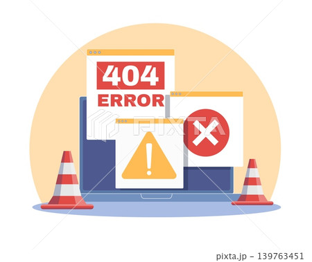 Web page error icon. Page was not found, system website failure, forbidden internet connection interruption, warning and blocked access icons, laptop interface vector cartoon flat concept Web page error icon. Page was not found, system website failure, forbidden internet connection interruption, warning and blocked access icons, laptop interface vector cartoon flat concept 139763451
