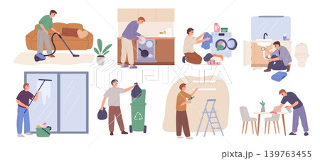 Men house chore. Guy cleans up rooms, vacuuming carpet, loads washing machine, does repairs, takes out trash, handyman, everyday home cleaning routine garish vector cartoon isolated set Men house chore. Guy cleans up rooms, vacuuming carpet, loads washing machine, does repairs, takes out trash, handyman, everyday home cleaning routine garish vector cartoon isolated set 139763455