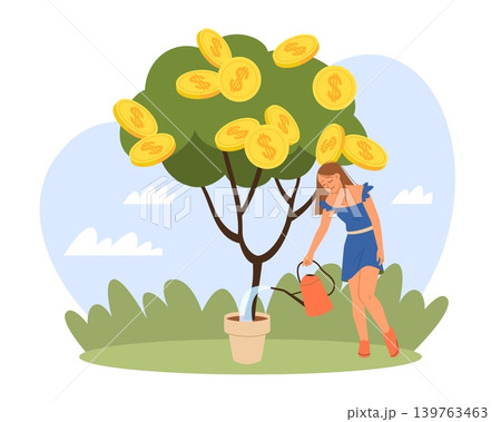 Profit growth. Woman waters money tree, gold coins on plant, successful startup, financial investment, wealth building, business success, future capital vector cartoon isolated concept Profit growth. Woman waters money tree, gold coins on plant, successful startup, financial investment, wealth building, business success, future capital vector cartoon isolated concept 139763463