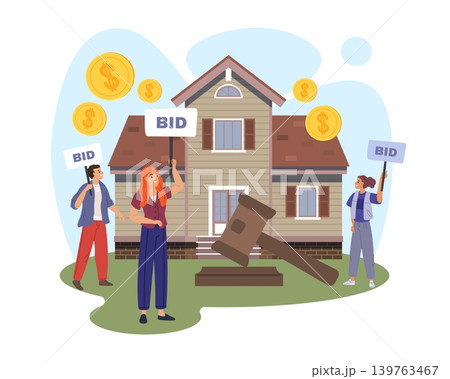 Purchase and sale of real estate. Selling house under hammer, auction and bids, home residential bidding scene pricing competition, buyer and seller deal, vector cartoon isolated concept Purchase and sale of real estate. Selling house under hammer, auction and bids, home residential bidding scene pricing competition, buyer and seller deal, vector cartoon isolated concept 139763467
