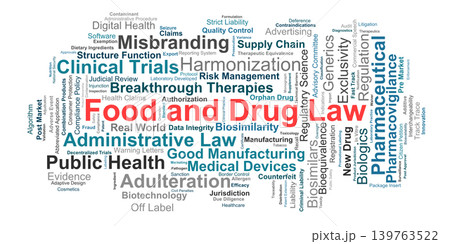 Food and Drug Law Word Cloud. A visual representation of key concepts in administrative regulation pharmaceutical safety medical device compliance and consumer protection. Food and Drug Law Word Cloud. A visual representation of key concepts in administrative regulation pharmaceutical safety medical device compliance and consumer protection. 139763522