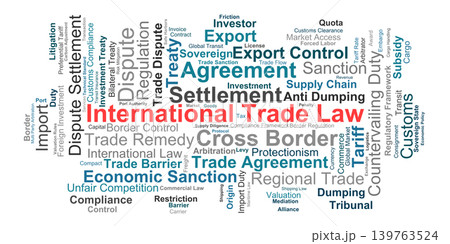 International Trade Law Word Cloud. Visual summary of terms explaining global trade agreements, border customs compliance, economic sanctions, tariffs, and cross border disputes. 139763524