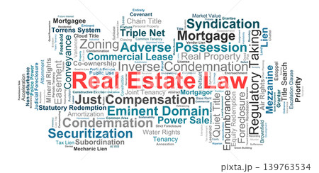 Real Estate Law Word Cloud. A visual summary mapping core property legalities including commercial leases eminent domain zoning variances deeds and mortgage foreclosure for experts. Real Estate Law Word Cloud. A visual summary mapping core property legalities including commercial leases eminent domain zoning variances deeds and mortgage foreclosure for experts. 139763534