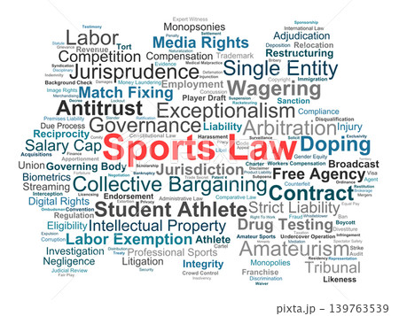 Sports Law Word Cloud. Visual Representation of Core Principles in Athletic Jurisprudence Commercial Regulation Antitrust Compliance Labor Rights and Industry Governance. 139763539