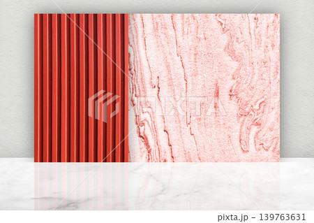 Modern Red Corrugated Sheet and Marble Panels, , Set Against Light Greige Blue Wall. Modern Red Corrugated Sheet and Marble Panels, , Set Against Light Greige Blue Wall. 139763631