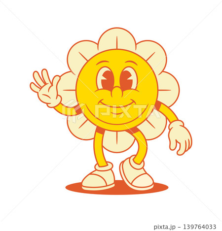 Happy yellow flower chamomile cartoon character waving hand contoured vector flat Happy yellow flower chamomile cartoon character waving hand contoured vector flat 139764033
