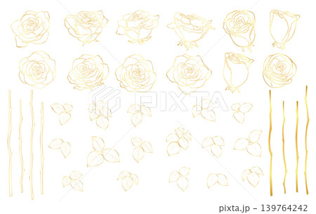 ゴールドの手描きのバラの花の線画イラスト素材セット ゴールドの手描きのバラの花の線画イラスト素材セット 139764242