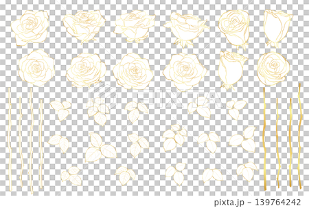 ゴールドの手描きのバラの花の線画イラスト素材セット ゴールドの手描きのバラの花の線画イラスト素材セット 139764242