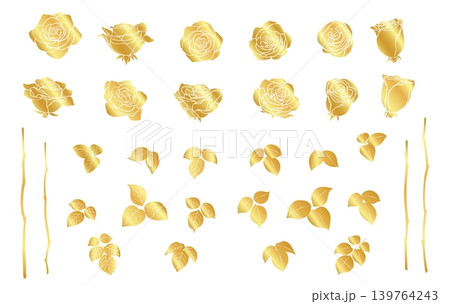 ゴールドの薔薇の花のシルエットイラスト素材セット ゴールドの薔薇の花のシルエットイラスト素材セット 139764243