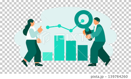 Analysts use a magnifying glass to examine market research trends in graphs and charts. 139764260