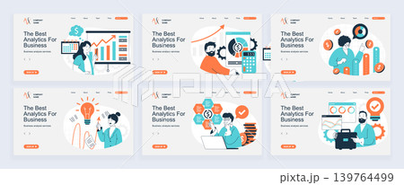 Business analytics concept of landing page with slide templates set in flat design. Website headers with people analyzing data graphs, monitoring, calculating financial report. Vector illustrations. Business analytics concept of landing page with slide templates set in flat design. Website headers with people analyzing data graphs, monitoring, calculating financial report. Vector illustrations. 139764499