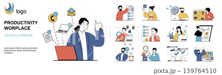 Productivity workplace concept with character situations mega set in flat web design. Bundle of scenes people organizing schedule, planning tasks, managing time with checklists. Vector illustrations. Productivity workplace concept with character situations mega set in flat web design. Bundle of scenes people organizing schedule, planning tasks, managing time with checklists. Vector illustrations. 139764510