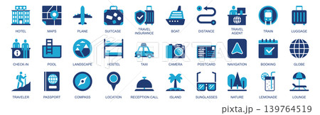 Travel icon set in flat duotone solid icons web design. Pack pictograms with hotel, maps, plane, suitcase, insurance, boat, distance, train, checkin, pool, hostel, taxi, other. Vector illustration. Travel icon set in flat duotone solid icons web design. Pack pictograms with hotel, maps, plane, suitcase, insurance, boat, distance, train, checkin, pool, hostel, taxi, other. Vector illustration. 139764519