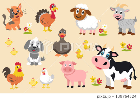 Cute farm animals mega set elements in flat graphic design. Bundle objects of funny cat, turkey, sheep, goat, chicks with chicken and rooster, dog, duck with duckling, cow, pig. Vector illustration. 139764524