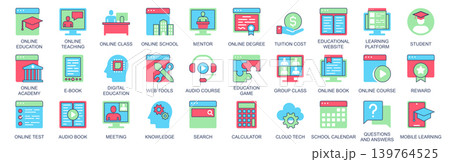 Online education icon set in flat color icons web design. Pack pictograms with teaching, class, school, mentor, tuition, cost, learning, platform, student, academy, e-book, other. Vector illustration. 139764525