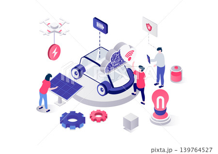 Smart car 3d isometric concept in geometry graphic design for web. People using electric auto with alternative green battery charging, wireless sensors and automatic control. Vector illustration. Smart car 3d isometric concept in geometry graphic design for web. People using electric auto with alternative green battery charging, wireless sensors and automatic control. Vector illustration. 139764527