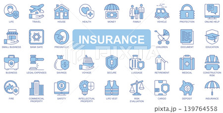Insurance icons set in duotone outline stroke design for web. Pack pictograms of life, travel, house, health, money, family, vehicle, protection, small business, pregnancy, other. Vector illustration. Insurance icons set in duotone outline stroke design for web. Pack pictograms of life, travel, house, health, money, family, vehicle, protection, small business, pregnancy, other. Vector illustration. 139764558