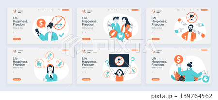 Childfree by choice concept of landing page with slide templates set in flat design. Website headers with people make decision not to have kids, save finance, denied parenthood. Vector illustrations. Childfree by choice concept of landing page with slide templates set in flat design. Website headers with people make decision not to have kids, save finance, denied parenthood. Vector illustrations. 139764562