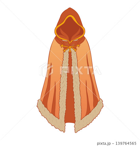 Brown magic cloak with and fur details in flat design. Mantle with hood. Vector illustration isolated. 139764565