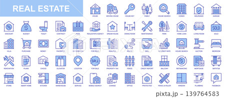 Real estate web icons set in duotone outline stroke design. Pack pictograms with house, moving, key, condo, insurance, garage, budget, pool, agent, rooms, maintenance, loan, rent. Vector illustration. 139764583